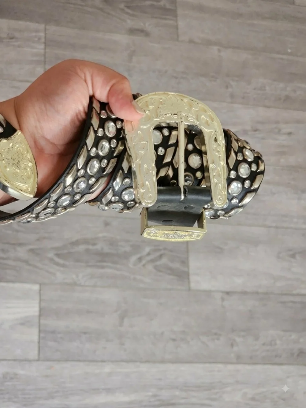Vintage Western Bling Black Belt with Floral Western Buckle 44 Inch